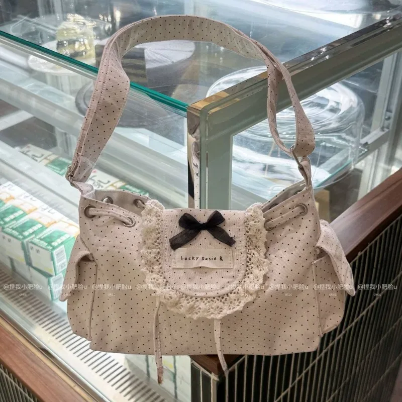 sac à bandoulière coréen noir et blanc à pois avec dentelle, simple et mignon, avec nœud et cordon de serrage, pour étudiante