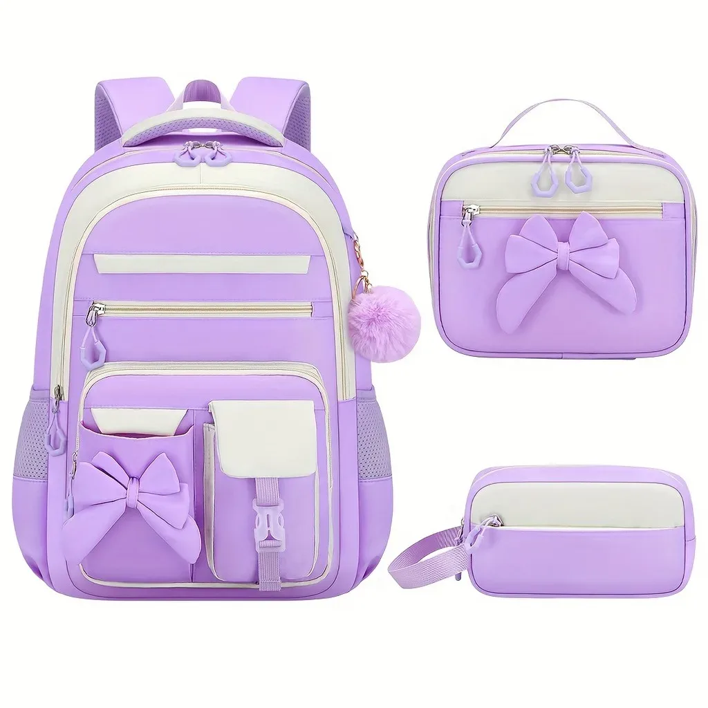 sac à dos scolaire pour filles, multi-poches, avec nœud, ensemble de sacs d'école, sac à dos pour l'école primaire, sac à dos ergonomique pour les voyages en plein air