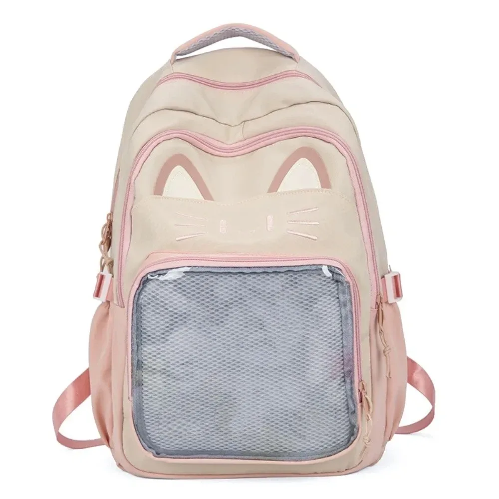 sac ita brodé tendance style preppy grande capacité poche transparente sac à dos étudiant chat mignon pour femme