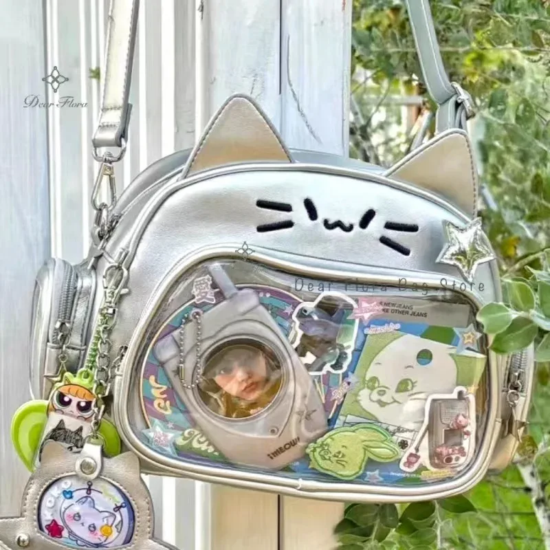 sac à dos chat argenté du japon y2k, sac d'école ita pour adolescent mignon, sac de voyage à poche transparente pour filles douces, femmes et garçons