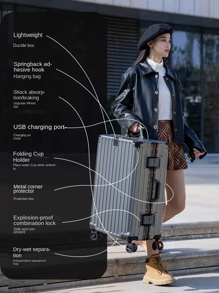 valise de voyage multifonction avec frein à roue, chargement usb, cadre en aluminium, pour hommes et femmes, bagage cabine
