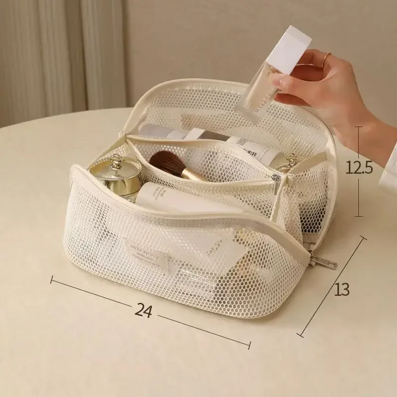 sac de maquillage en maille transparente, léger, portable, grande capacité, trousse de toilette de voyage, sac multifonctionnel à plusieurs compartiments