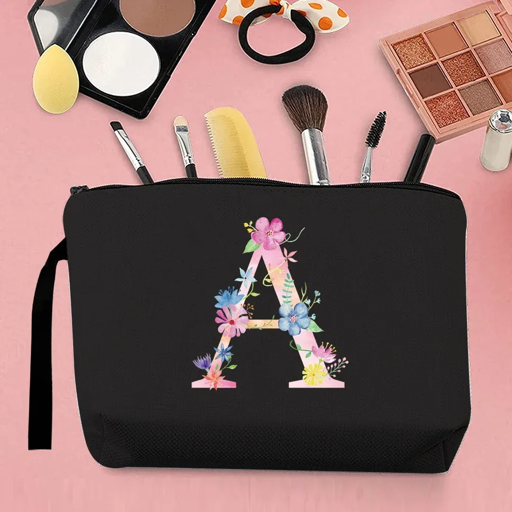 trousse de maquillage pour femmes, trousse de maquillage portable, trousse de maquillage de voyage pratique, sac à main en toile, motif de lettres roses, organisateur de bijoux