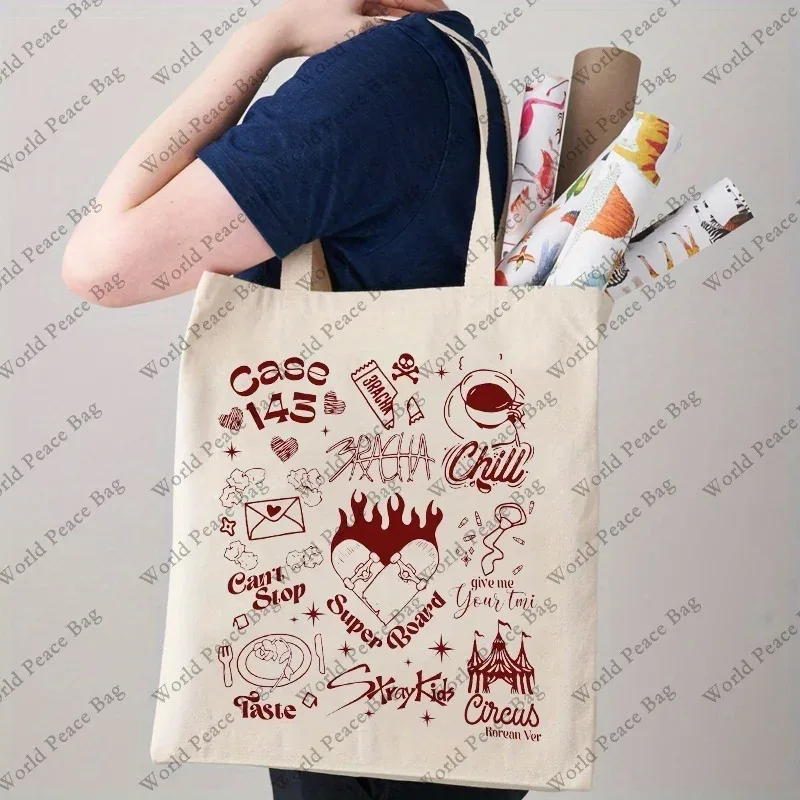 1pc sac fourre-tout vintage pour enfants avec motif 'full tracklist stay', sac de voyage en toile décontracté rétro, sac à bandoulière kpop simple