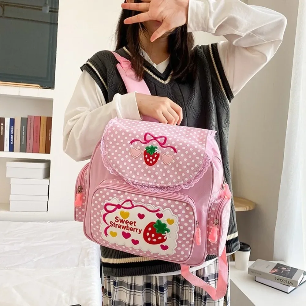 Sac à dos scolaire Kawaii Fraise Dessin Animé Broderie Nœud Fille Sac à dos Fruits Mochila Pois Étudiant Femme
