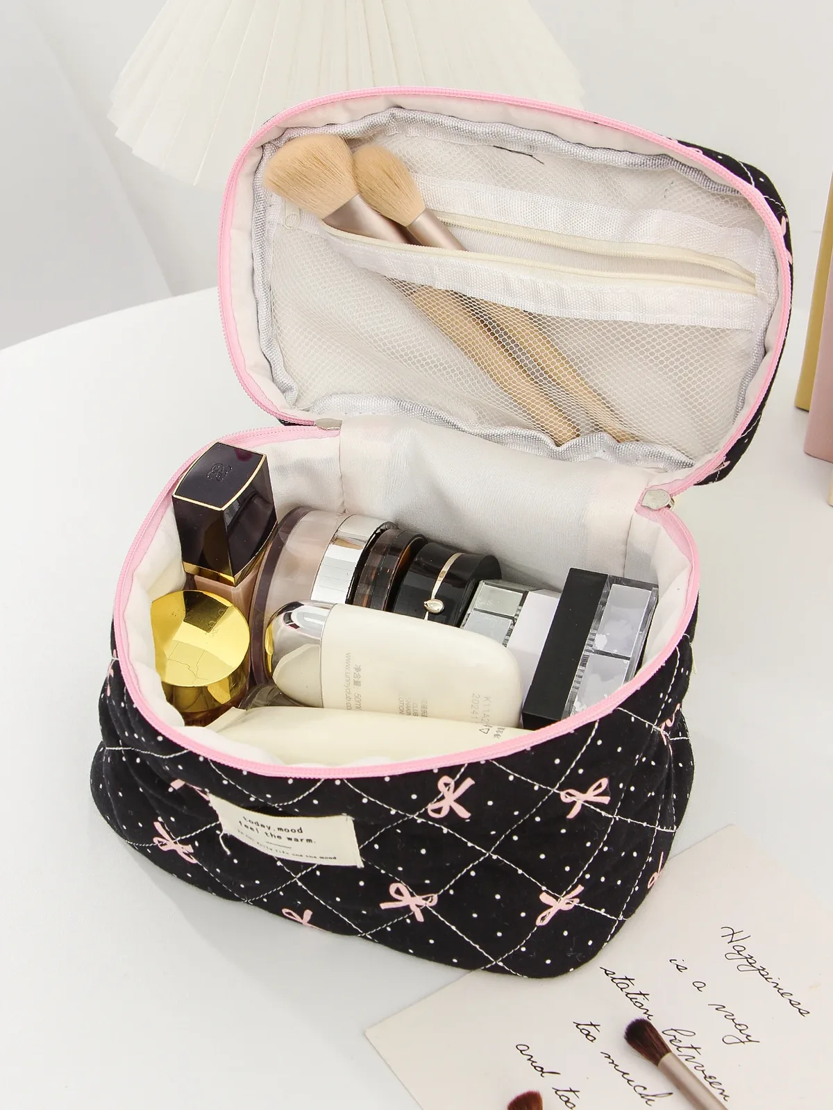 1 pièce/ensemble sac de maquillage matelassé à nœud, trousse de maquillage portable multifonctionnelle, trousse de maquillage cadeau de vacances, trousse de maquillage essentielle de voyage