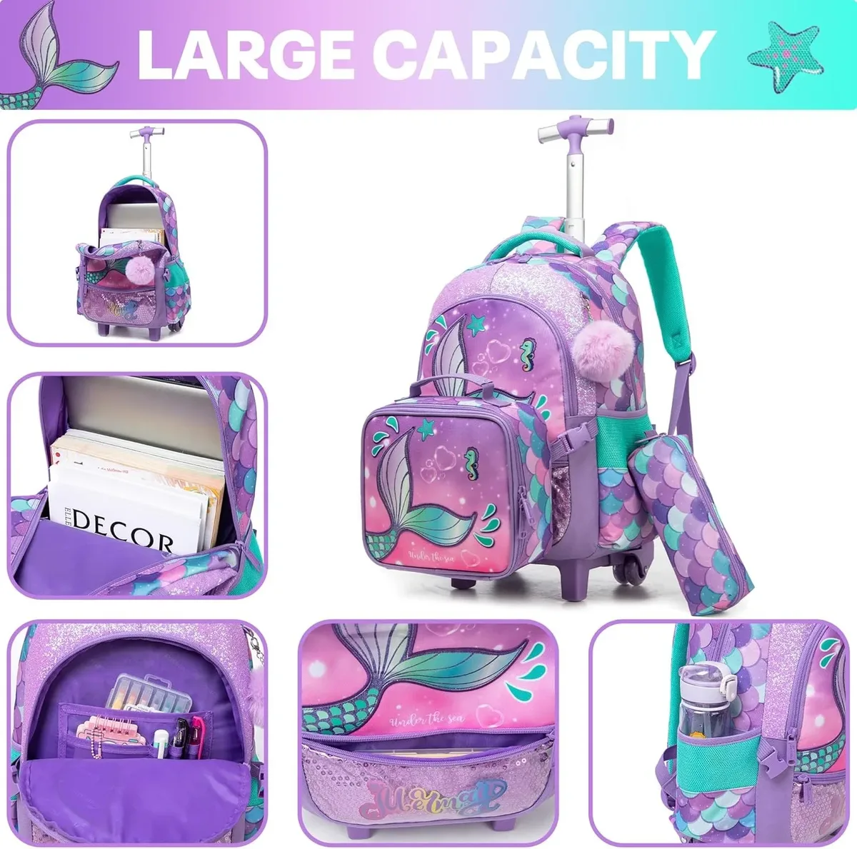 sac à dos à roulettes pour filles, sac à dos pour enfants à roulettes, ensemble de sacs à roulettes pour l'école avec boîte à lunch isotherme, sac de voyage pour enfants