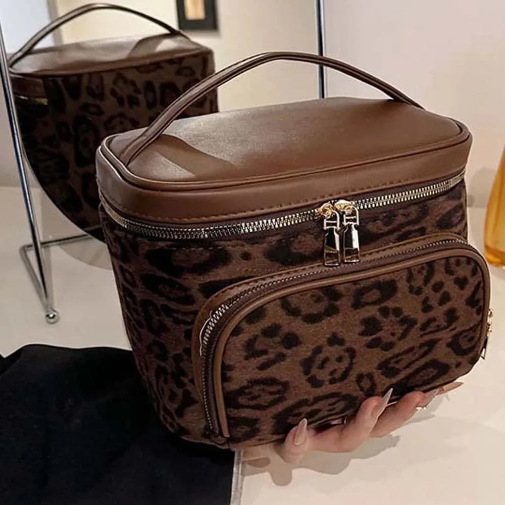 sac à main imprimé léopard, trousse à cosmétiques, pochette en cuir de grande capacité pour trousse de maquillage, pochette de maquillage en polyester épais, sac de salle de bain