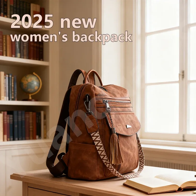 Sac à dos en cuir PU pour femmes, étanche, antivol, grande capacité, détail pompon, rétro, voyage, affaires, collège, sac à bandoulière, 2025