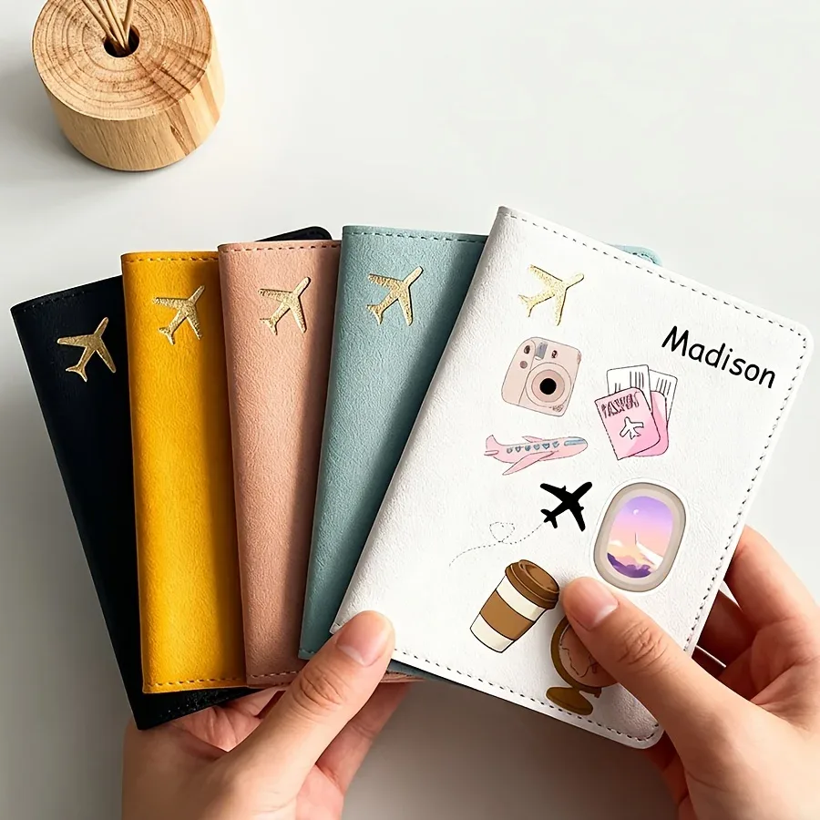 Porte-passeport personnalisé avec motif de dessin animé en PU, résistant aux rayures, en similicuir, 4 couleurs, étui de rangement pour documents de voyage