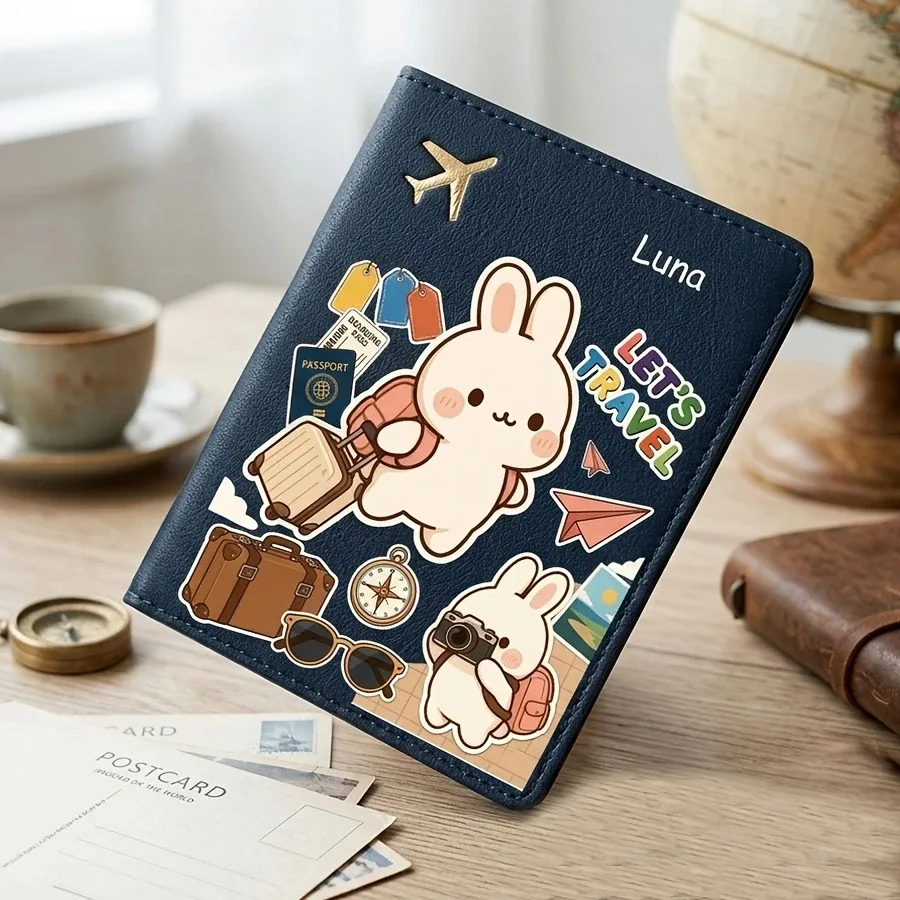 housse de passeport à motif de lapin de dessin animé mignon, personnalisable avec nom et texte, rangement pour livre de passeport, accessoire de voyage, sac de passeport