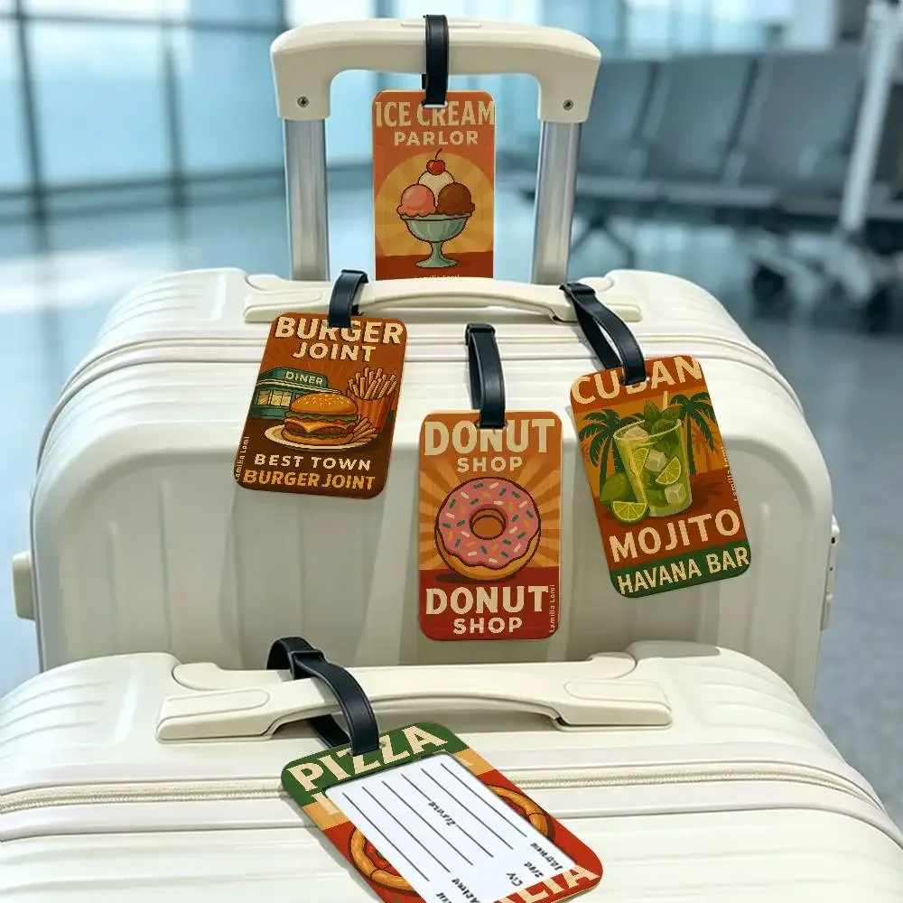 étiquette de bagage en toile motif "nourriture délicieuse" pour voyage, carte d'information en pvc, protège-nom anti-perte pour sac à dos.