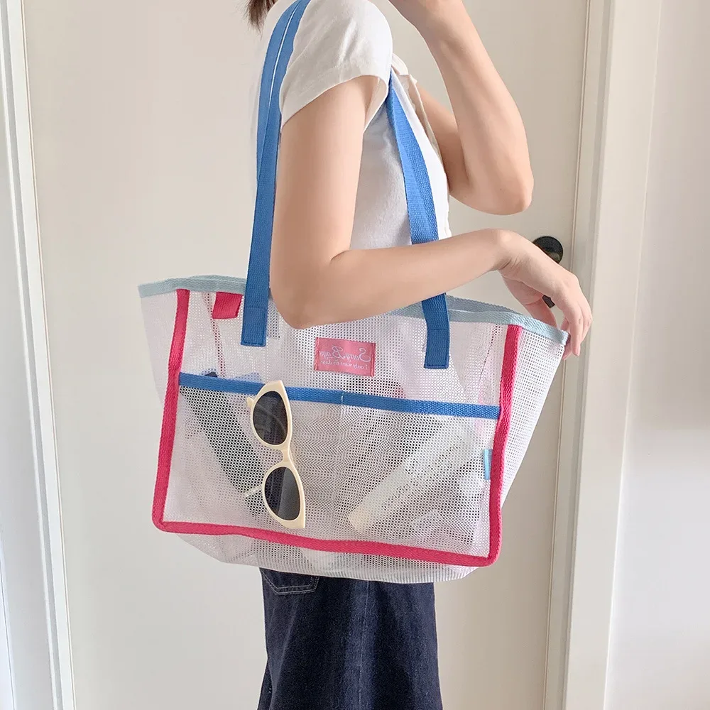 Sac fourre-tout en maille mignon, sac de plage portable, respirant, à séchage rapide, pliable, grande capacité, sac à bandoulière pour femmes et filles