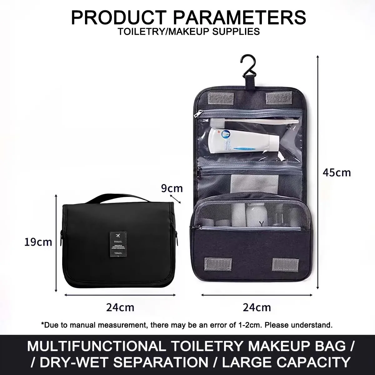 trousse de maquillage de voyage imperméable premium pour femmes – organisateur de toilette suspendu avec crochet, pochette de lavage spacieuse pour salle de bain et compartiment sec/humide