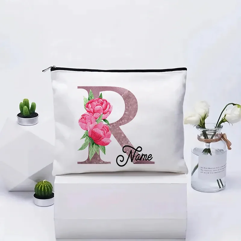 trousse de maquillage personnalisable avec prénom, cadeau de mariage, grande pochette en toile à fermeture éclair, motif floral pivoine, essentiels de voyage, maquillage