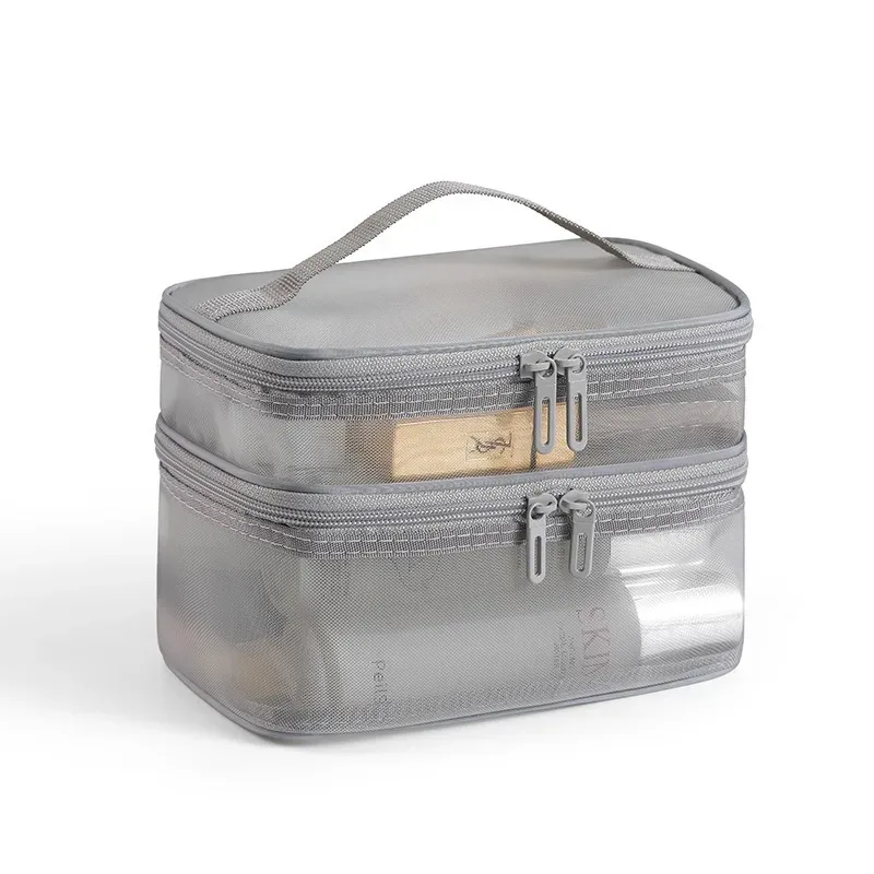 sac de rangement portable à 2 couches en maille avec fermeture éclair, trousse de maquillage à main, sac de voyage pliable transparent, pochette de toilette grande capacité