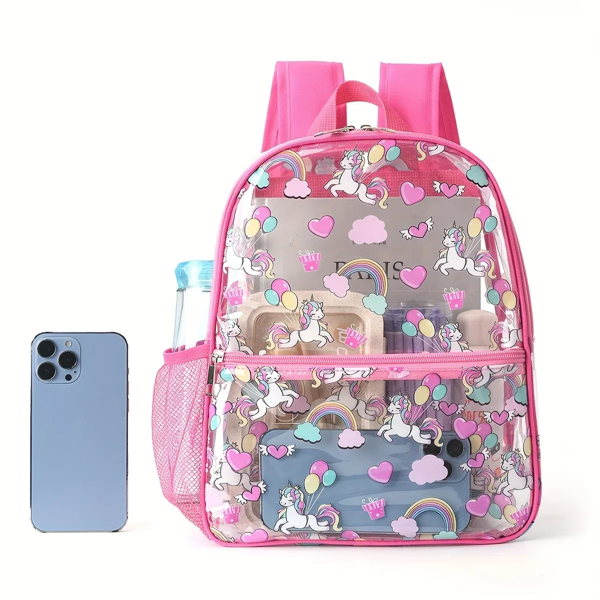 sac à dos transparent licorne, imprimé cœur arc-en-ciel, sac d'école en pvc, sac à dos imperméable pour voyage et plage, sac à dos pour enfants