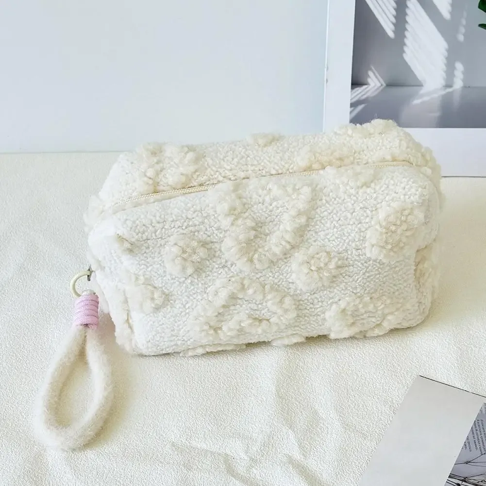 sac de maquillage en peluche brodé, sac de toilette portable de voyage, grande capacité, pochette de rangement pour cosmétiques, cadeau mignon pour femmes