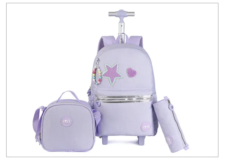 sacs à dos à roulettes avec sac à déjeuner pour filles, ensemble de sacs à roulettes pour filles, roulettes de 18 pouces, sac à dos scolaire à roulettes