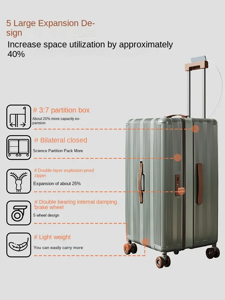 nouvelle valise extensible 2026 de 30 pouces, grande capacité, rangement profond, matériau pc, compartiment 3:7, valise cabine de 20 pouces