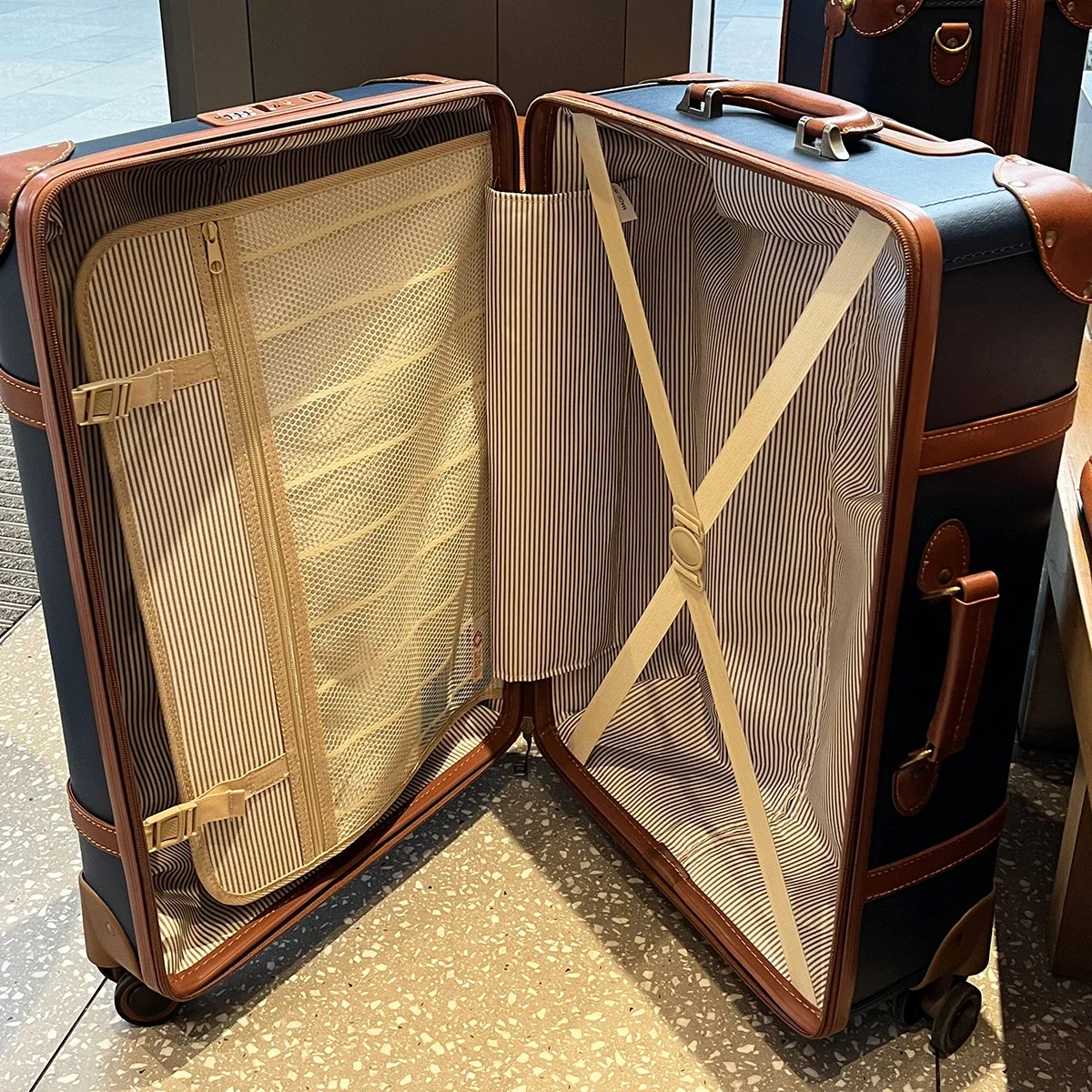 valise de voyage vintage en cuir bleu pour affaires, bagage à main 20 pouces + valise à roulettes 24 pouces, avec serrure tsa, style universitaire, unisexe