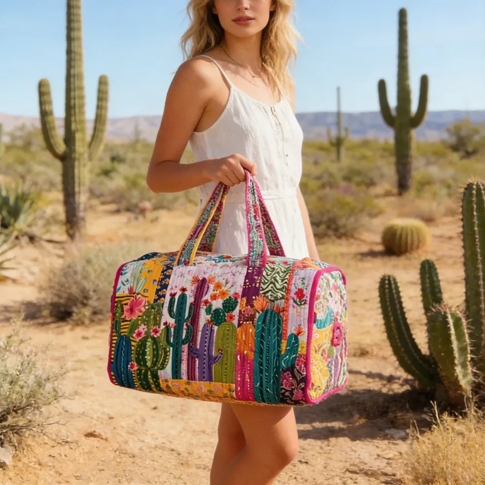 sac de voyage matelassé imprimé 3d motif cactus floral, léger en polyester, spacieux, idéal pour les week-ends