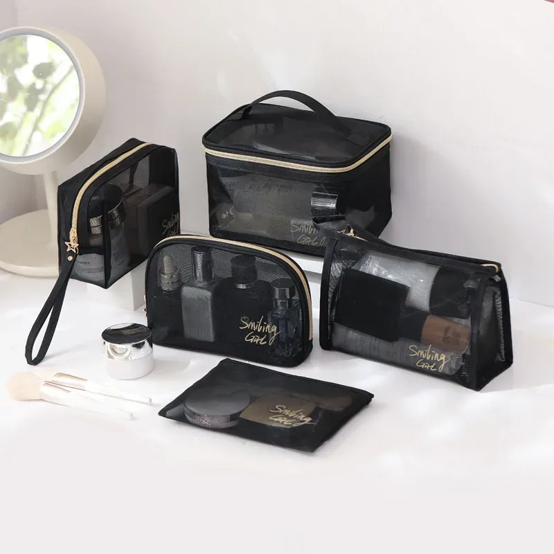 1pc 2025 noir maille sac cosmétique petits grands sacs de maquillage pochette à fermeture éclair pour les bure