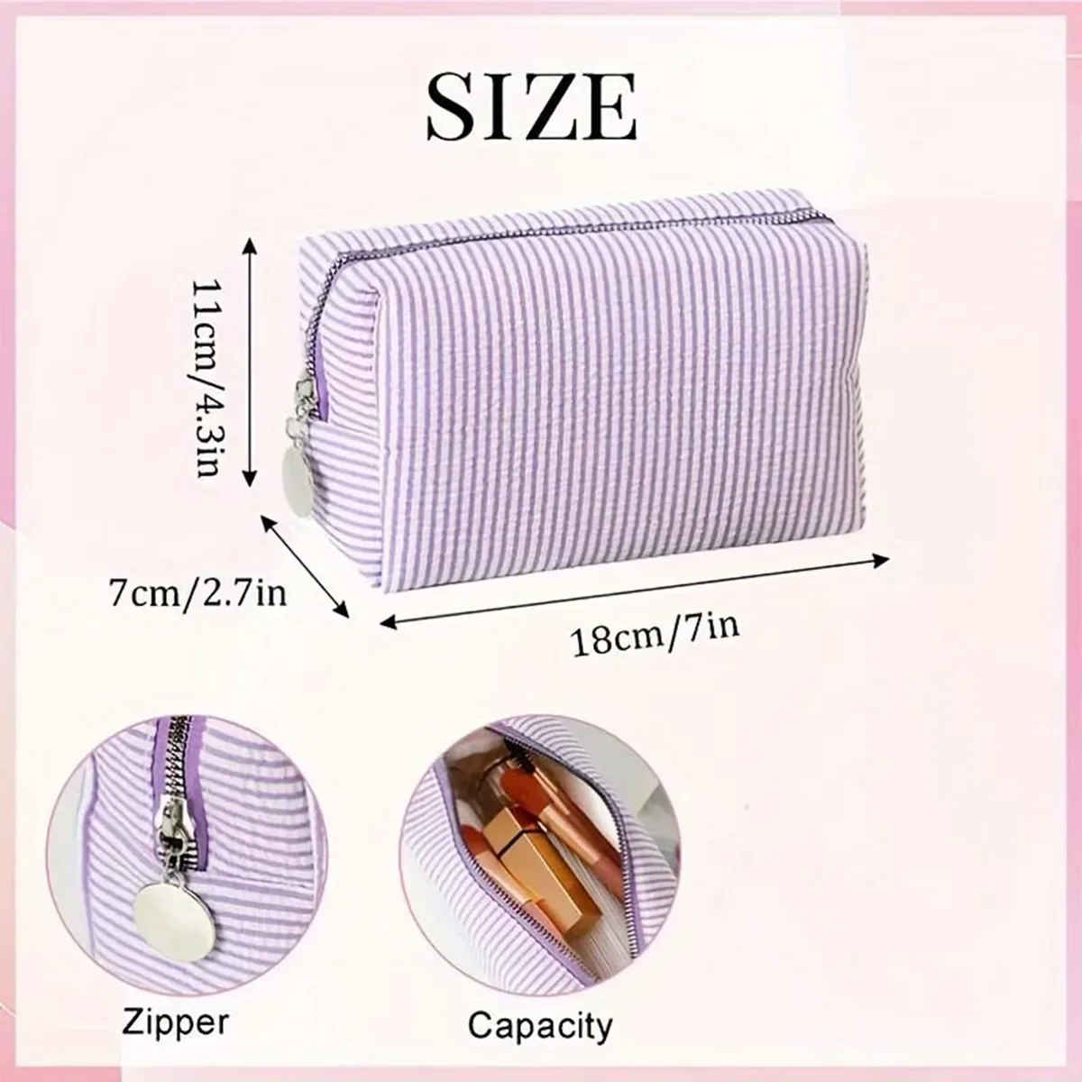 pochette cosmétique en seersucker brodée, sac de rangement et de toilette, pochette de toilette personnalisée à rayures monogramme, trousse de maquillage pour demoiselle d'honneur