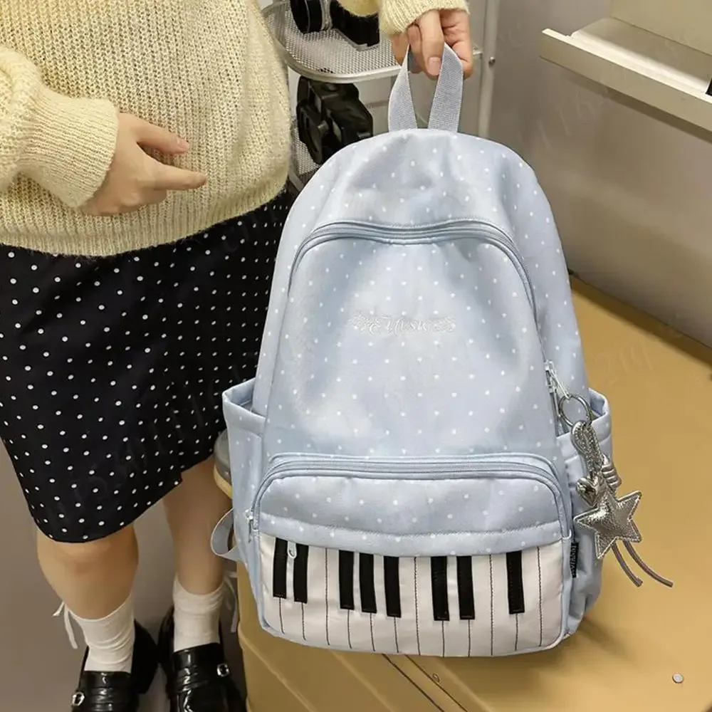 sac à dos décontracté en nylon pour femmes, à pois, motif touches de piano, sac d'école, sac à livres avec pendentif, sac de voyage pour filles, sac à main mignon pour ordinateur portable, sac à dos quotidien