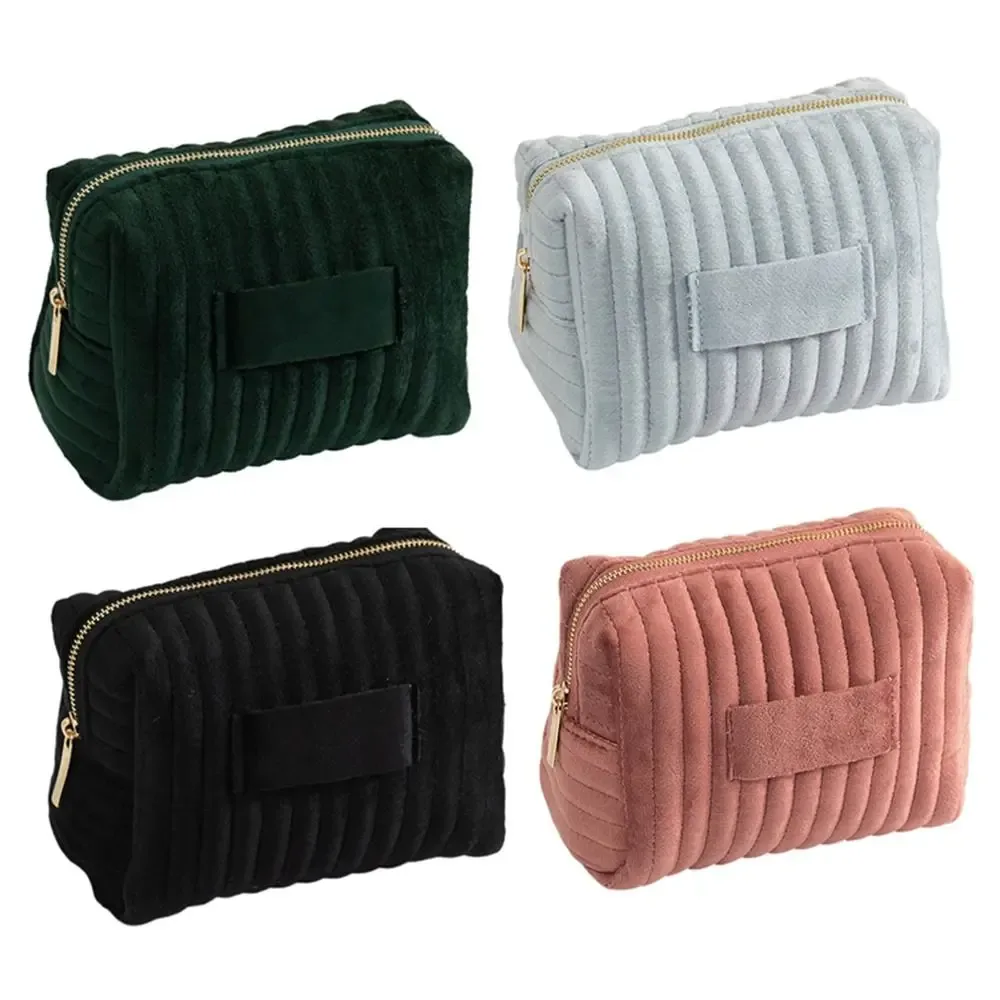 sac de maquillage en velours multi-usages, rayé, matelassé, au toucher doux, trousse de toilette grande capacité, sac cosmétique de voyage