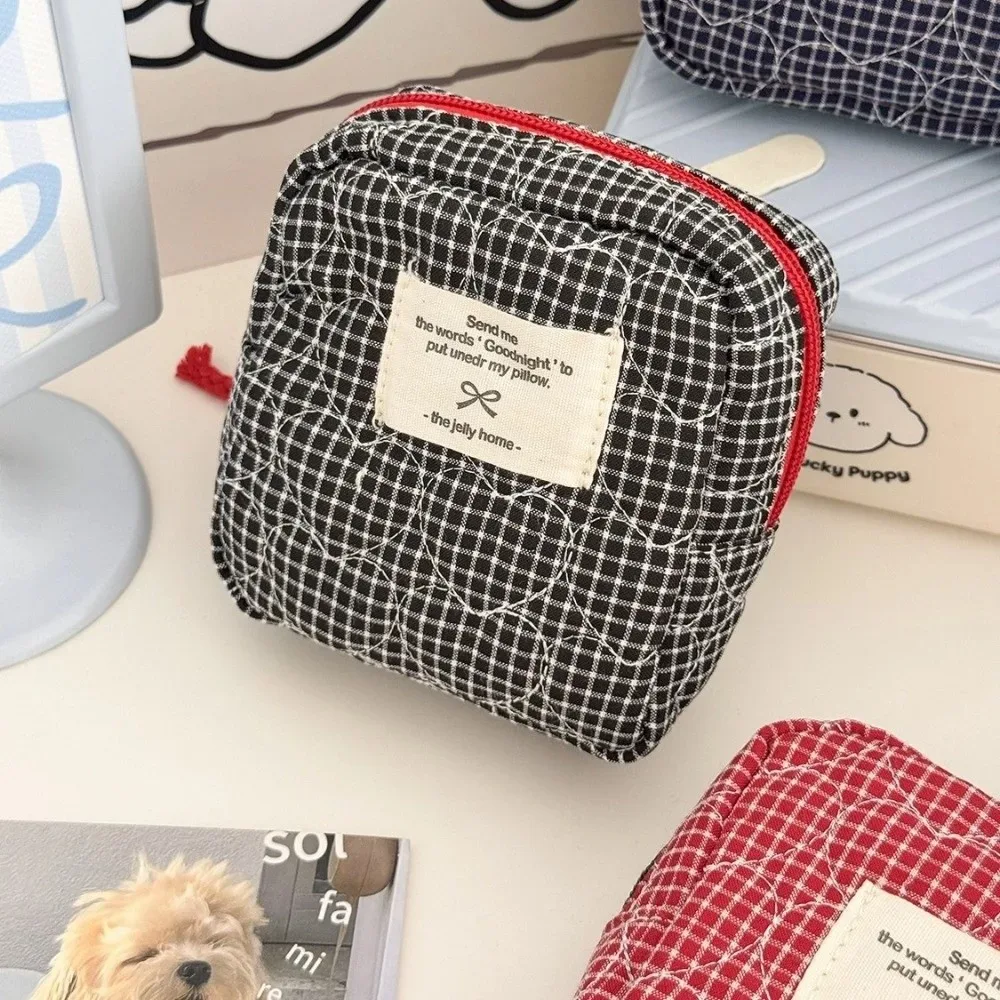 trousse de maquillage classique matelassée en forme de cœur, style coréen, grande capacité, pochette cosmétique à fermeture éclair, motif écossais, pour extérieur