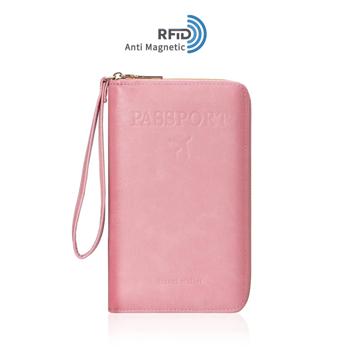 portefeuille de voyage pour femme, étui de passeport en pu anti-rfid pour homme avec dragonne, plusieurs emplacements pour cartes et fenêtre d'identification