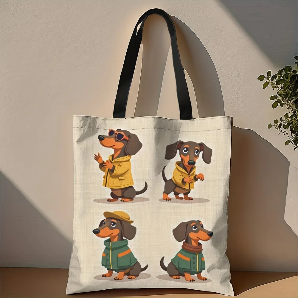 sac fourre-tout imprimé chien teckel, motif chien saucisse mignon avec visage de teckel, sac à dos durable pour les courses et le rangement