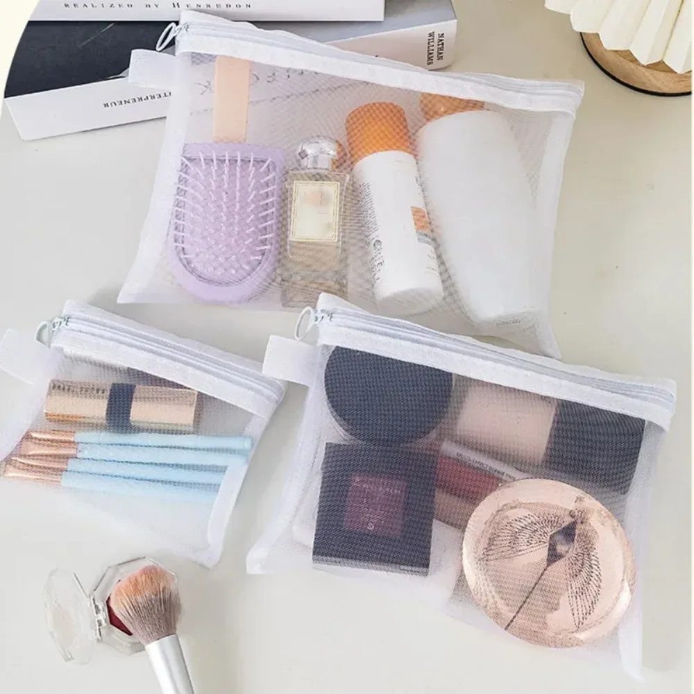 Grande trousse de toilette zippée pour femme, noire, blanche, grise, organiseur de maquillage, pochette transparente en maille, sac de voyage pour maquillage