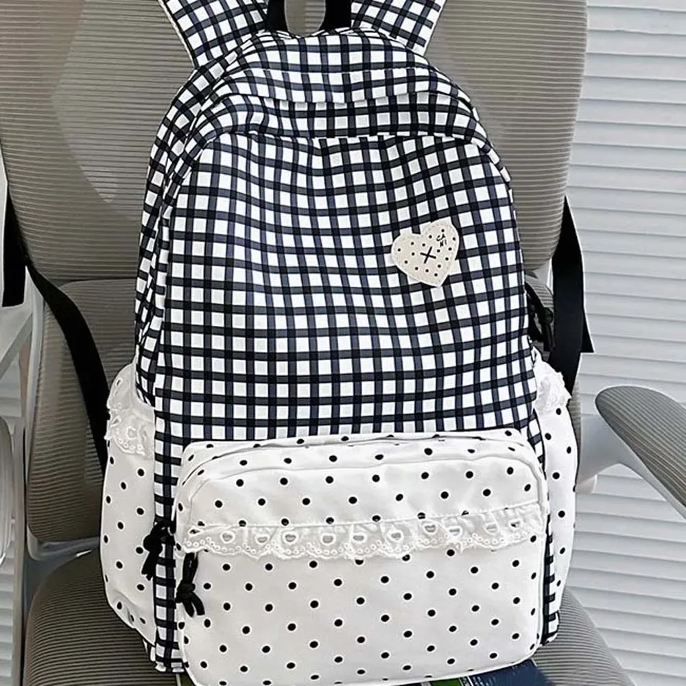 Sac à dos en tissu vichy de style coréen, couleurs pastel, design à volants, sac d'école en dentelle, bretelles réglables, sac à dos à pois et à carreaux pour les voyages quotidiens.
