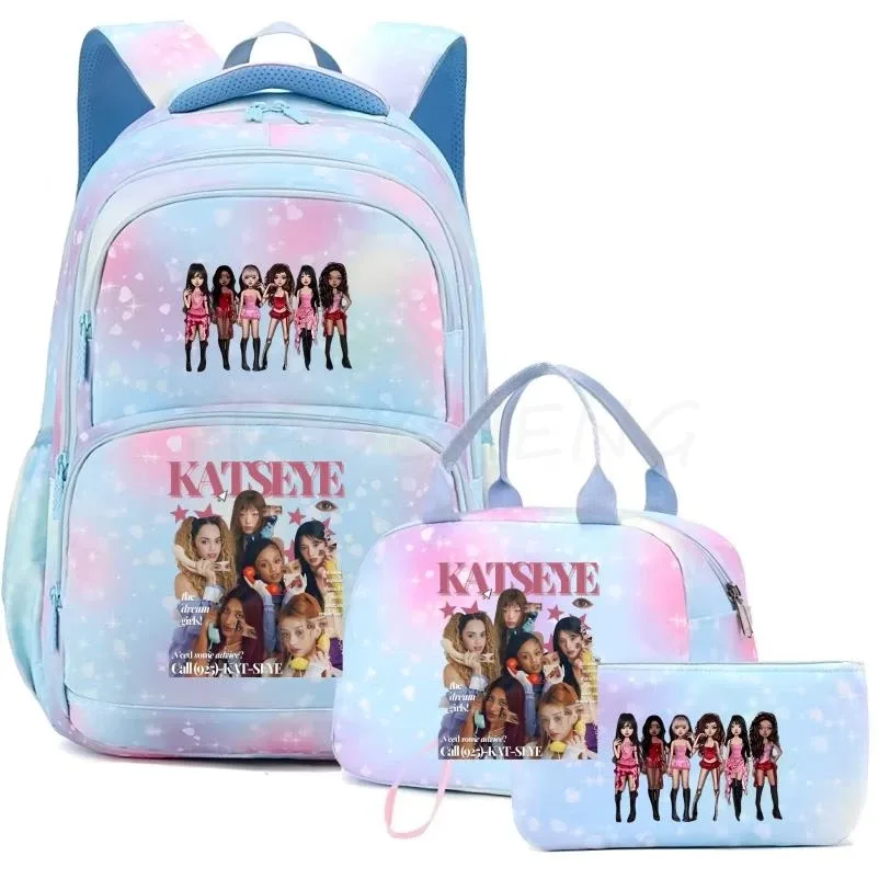 sac à dos katseye pour femmes, 3 pièces/ensemble, sac d'école pour étudiants, grande capacité, sac de voyage en plein air, sac d'école pour étudiants avec dessin animé