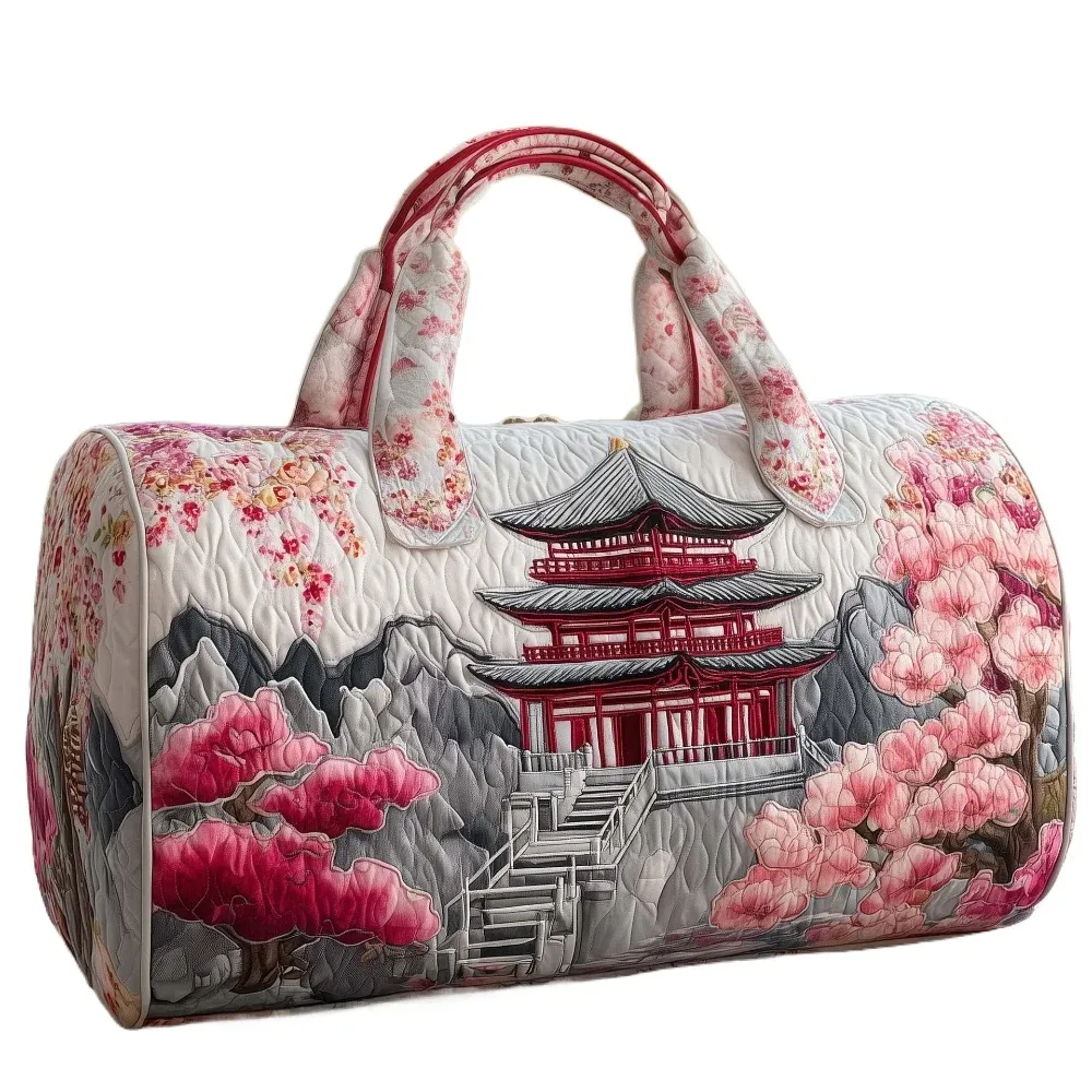 sac de voyage matelassé 3d de style japonais, imprimé pagode de cerisier, léger, sac de voyage vintage, cadeau oriental