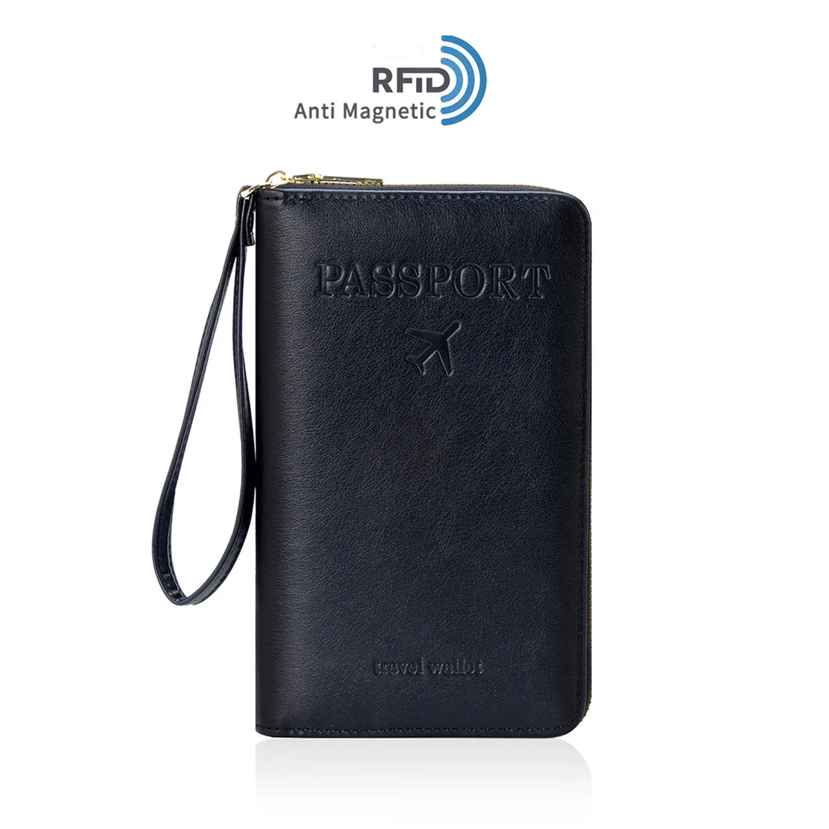portefeuille de voyage pour femme, étui de passeport en pu anti-rfid pour homme avec dragonne, plusieurs emplacements pour cartes et fenêtre d'identification