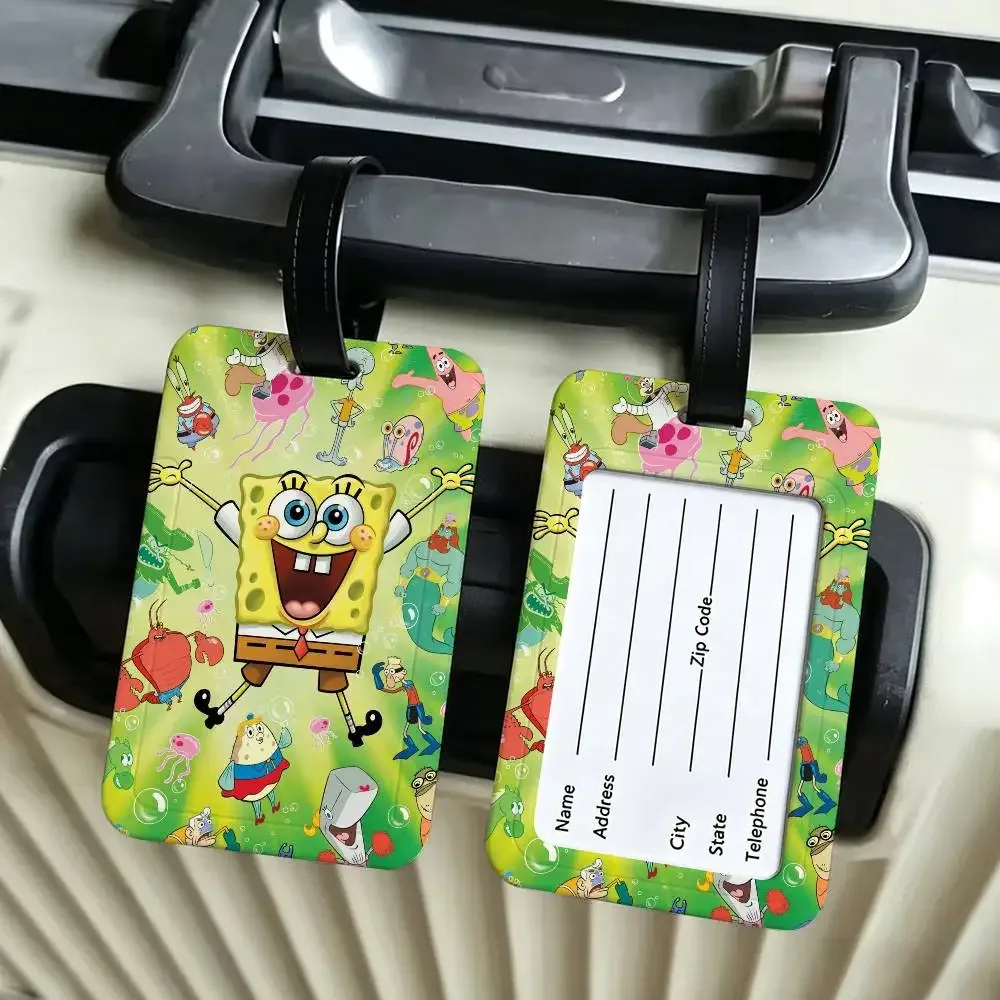 étiquette d'identification de bagage anti-perte en pvc, motif classique de dessin animé s-spongebob, avec porte-carte d'informations amovible, étiquette de bagage de voyage.