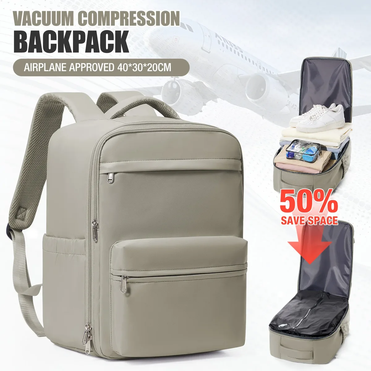 sac à dos de compression sous vide pour homme, sac à dos pour ordinateur portable 15,6 pouces, sac à dos de randonnée extensible, sac à dos de voyage sous vide, sac à dos ryanair 40x30x20, sac de cabine