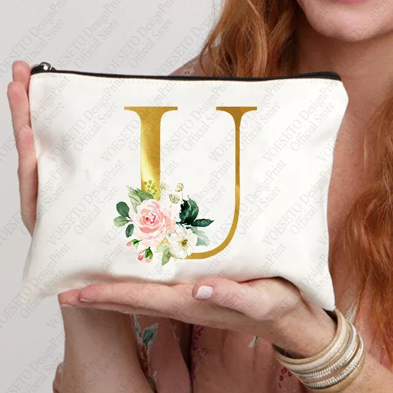 sac à fermeture éclair à motif initial pour femme, trousse de maquillage cosmétique, poudres de toile de bain de mariage, sacs de rouge à lèvres de voyage, cadeau de fête d'enterrement de vie de jeune fille