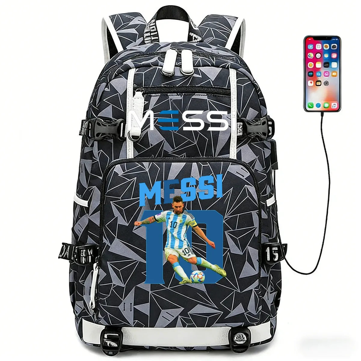 sac à dos de sport de football messi en tissu oxford avec fermeture à loquet, grande capacité, pour ordinateur portable, loisirs, voyage, école et étudiants