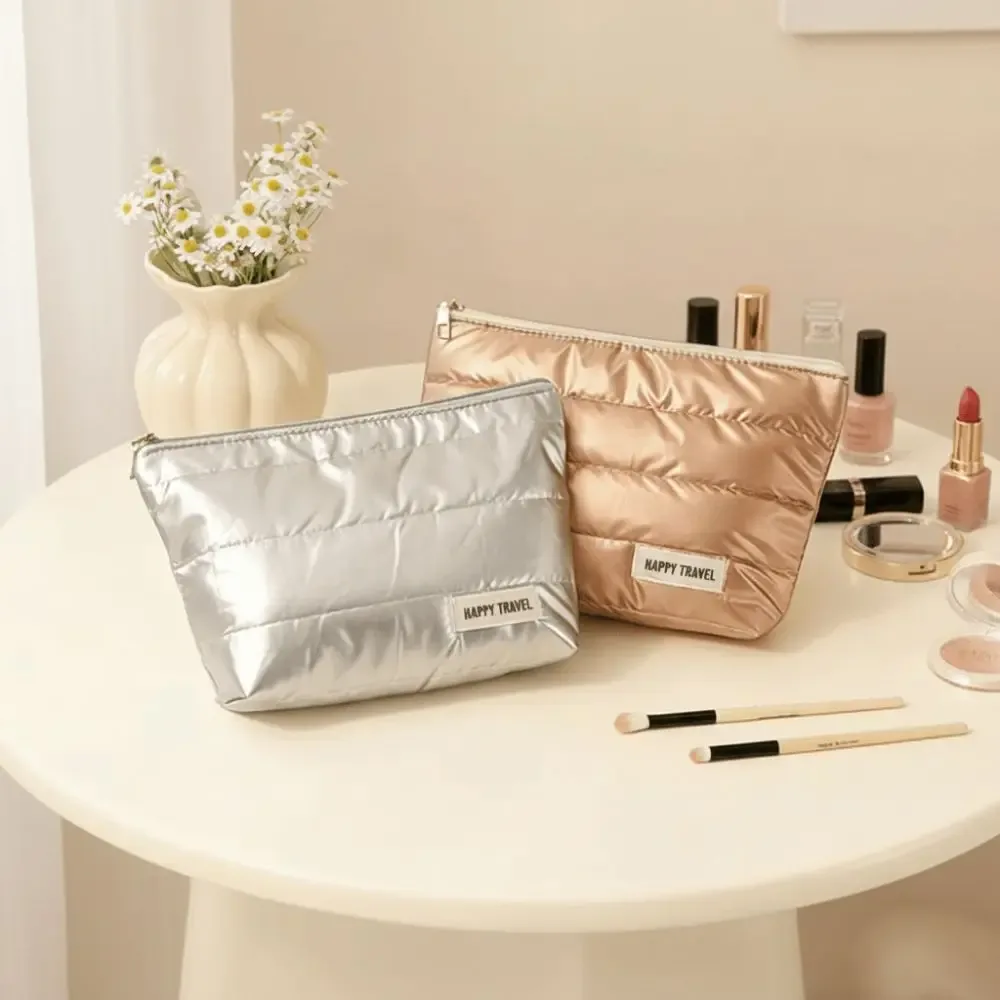 sac de maquillage portable de style pochette, grande capacité, sac cosmétique or/argent, léger, imperméable, sac organisateur pour femmes