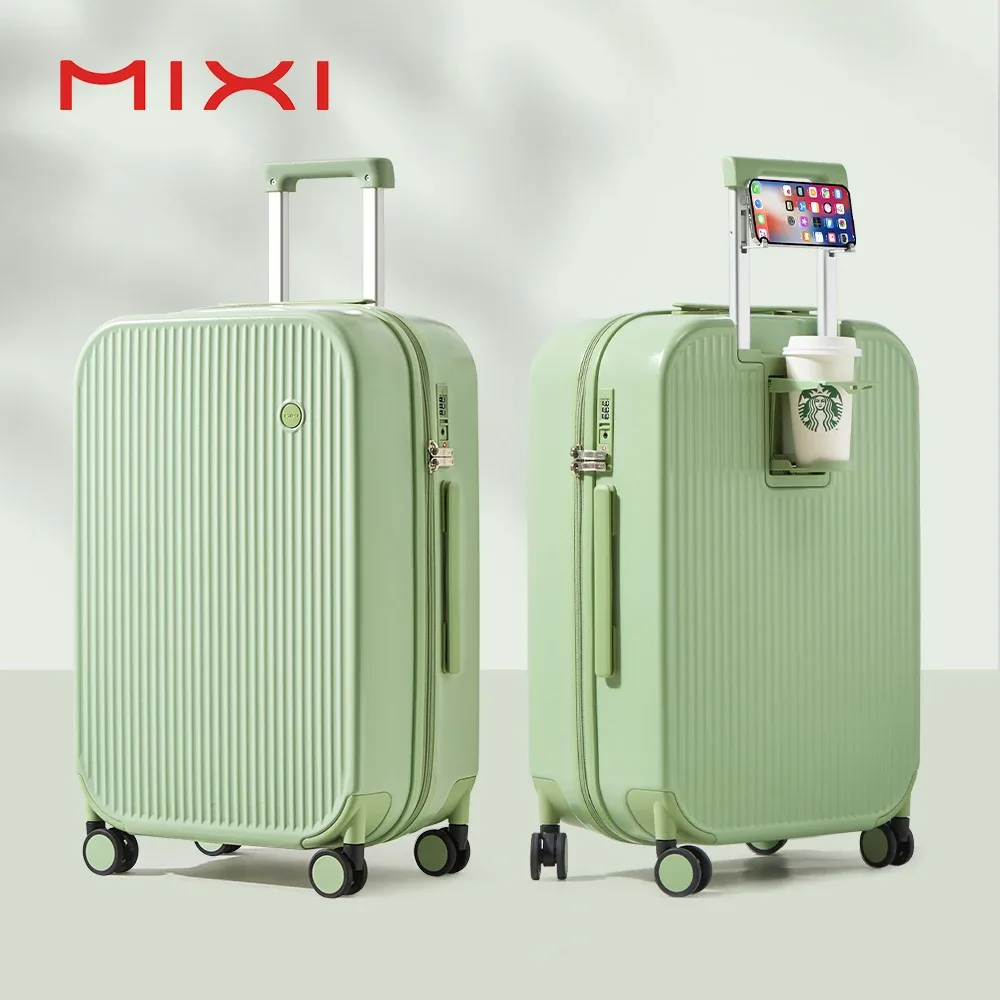 mixi nouveau design valise bagage à main avec tasse support pour téléphone coque rigide bagage roulant pc spinner roues boîtier de chariot
