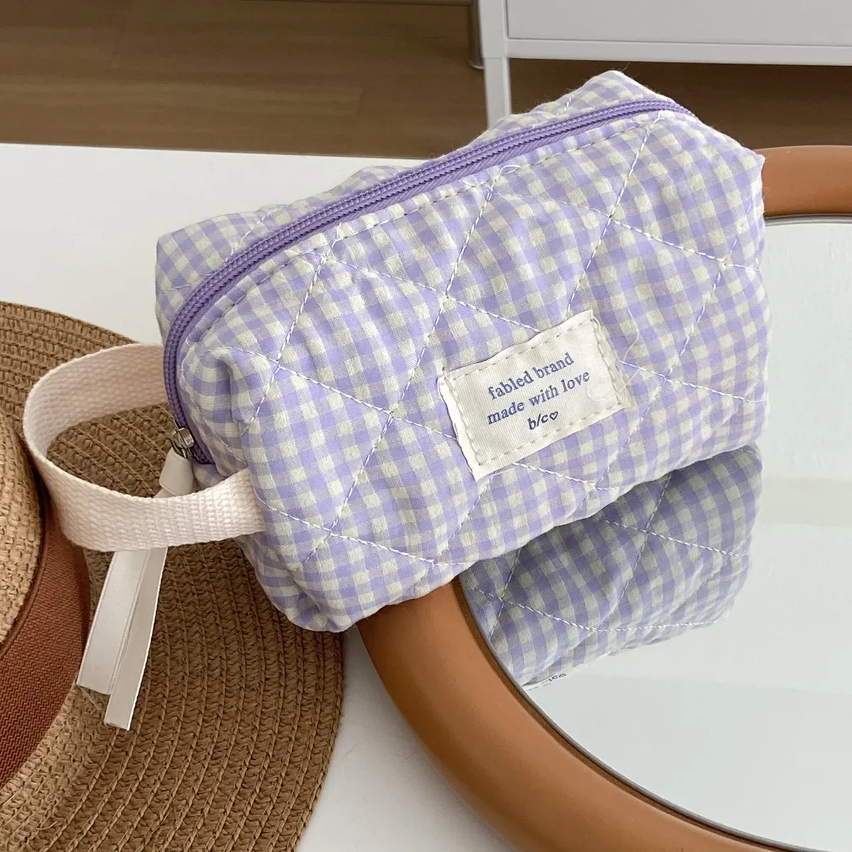 sac à cosmétiques vintage à fleurs pour femmes, pochette à carreaux mignonne, trousse de maquillage de voyage, petits sacs à main matelassés en coton à fleurs