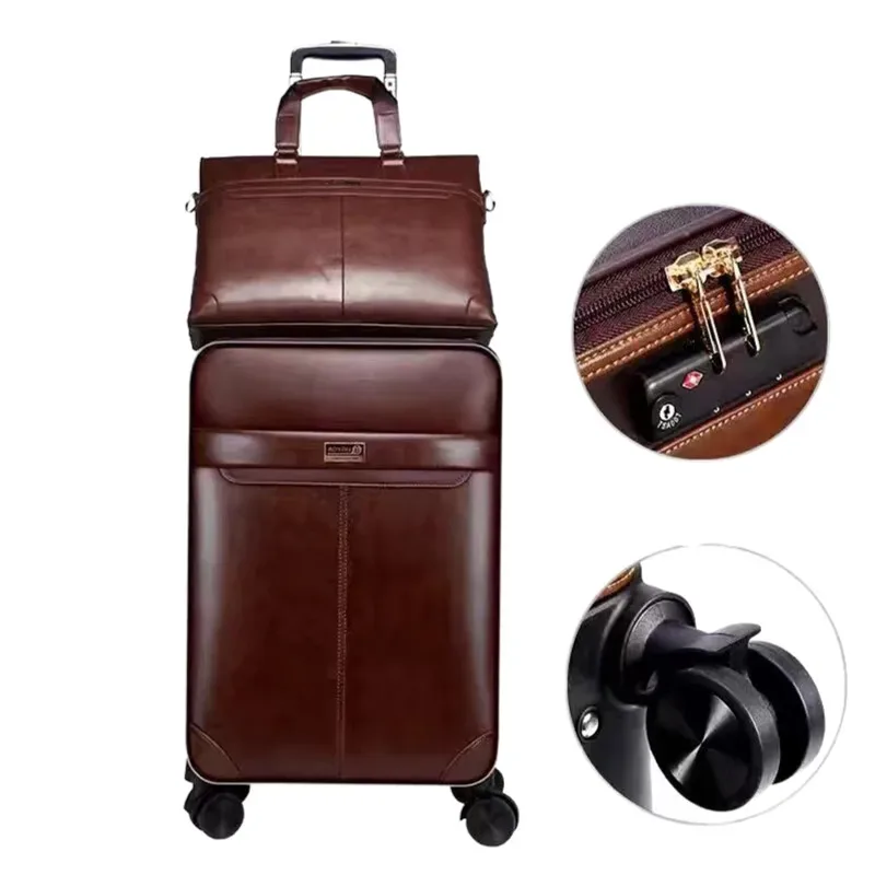 premium ensemble de bagages roulants en cuir spinner 24 pouces rétro hommes valises à roulettes d'affaires 20 pouces cabine mot de passe valise à roulettes