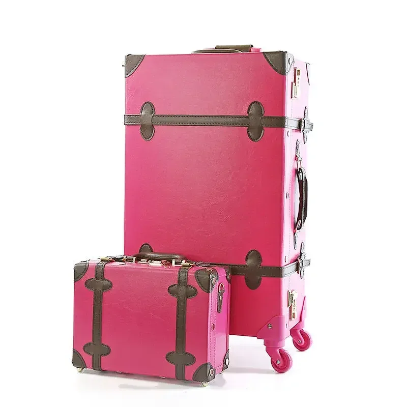 valise à roulettes en cuir pu rétro pour filles, bagage à main, cabine rose, ensemble de bagages de voyage pour femme, 20 po, 2 pièces