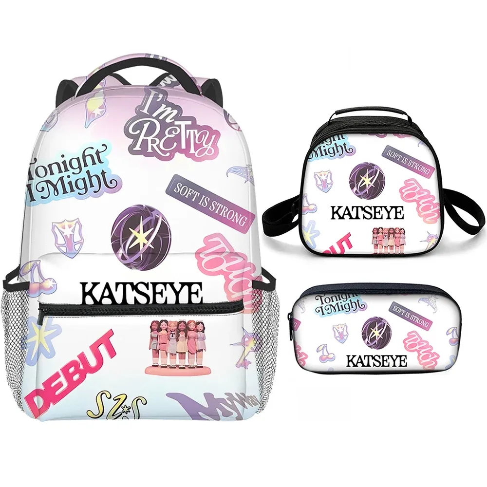 sacs d'école classiques populaires et amusants avec impression 3d katseye, 3 pièces/ensemble, sac à dos pour ordinateur portable, sac à dos de forme semi-circulaire, sac à déjeuner, trousse à crayons