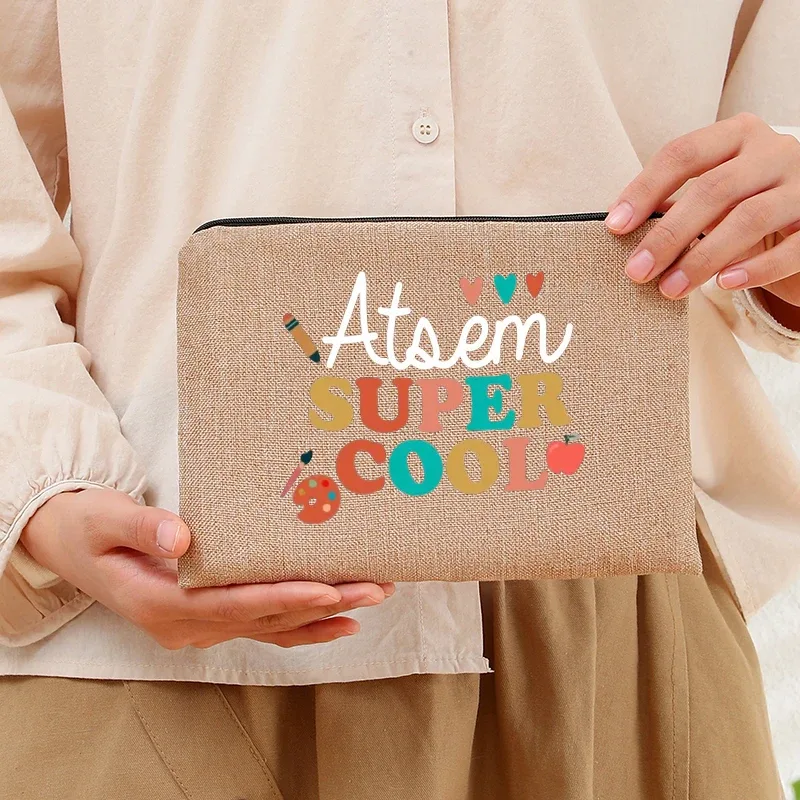 super atsem maitresse – trousse de toilette en lin, fermeture éclair, fournitures de bureau, trousse à crayons, portefeuille, sacs de maquillage polyvalents, cadeau pour les enseignants