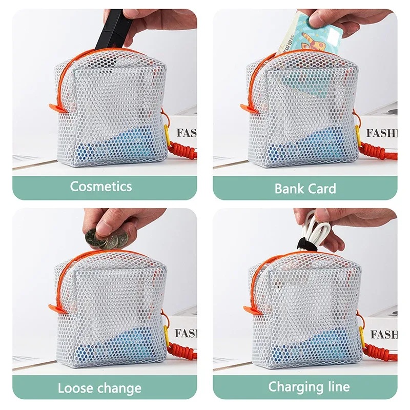 sac à cosmétiques en maille portable, trousse de maquillage de rangement de couleur dopamine, pochette de rangement de toilette en maille pour femmes, sac de rangement d'articles divers